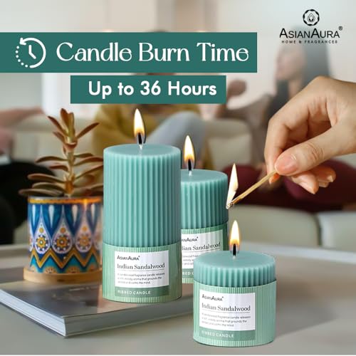 Image of ASIAN AURA Ribbed Pillar Candles - Pack of 3 | Scented Candles for Home Decor, Gifting & Festive Use | Long Burn time up to 36hrs | Clean-Burning Wax & Smokeless Flame (Indian Sandalwood)