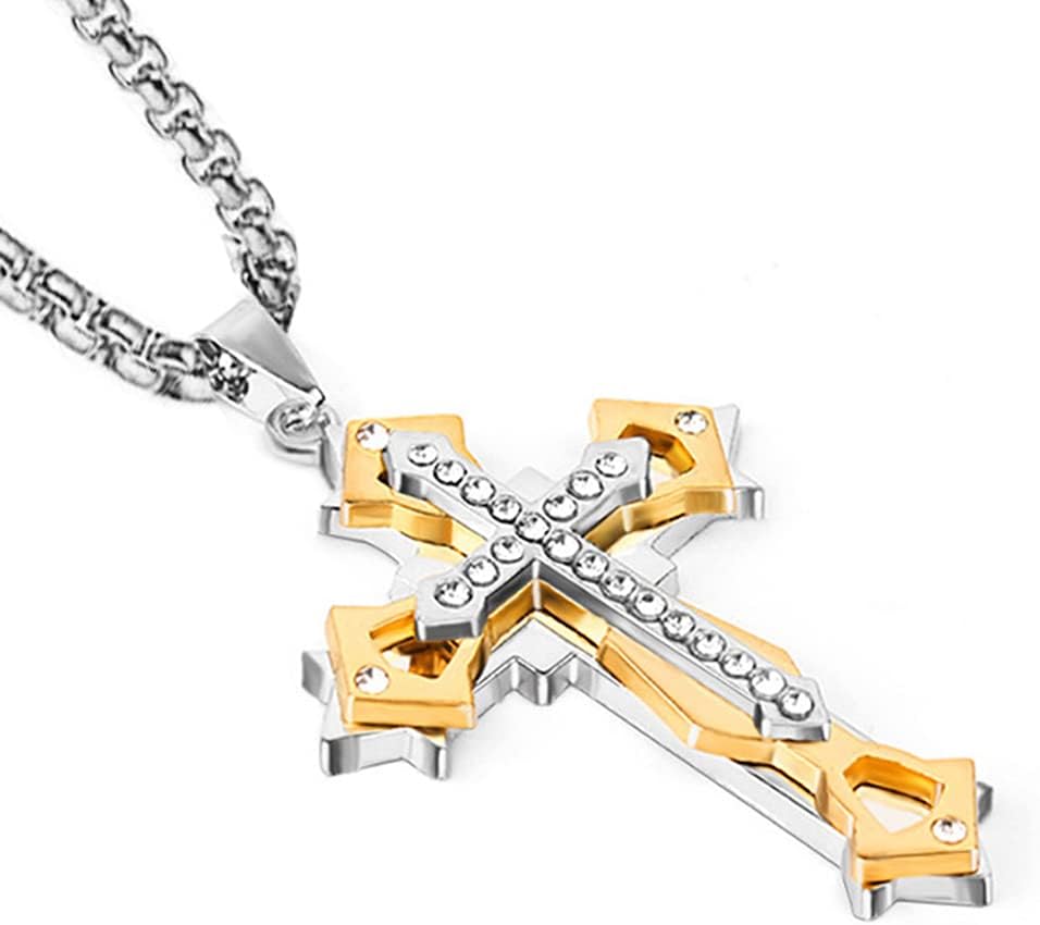Multi Diamond Stainless Steel Cross Necklace, Large Pendant and Strong Chain For Men Women, Christian Prayer Gift Friendship Jewelry