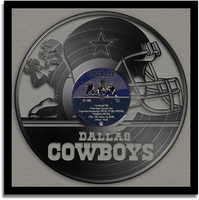 Sporticulture Football Wall Art Framed Vinyl Record Decor Print - 13X13 NFL Football Posters For Boys Bedroom & Decorations for Man Cave - Dallas Cowboys