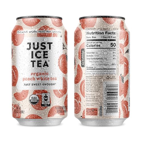 Image of Just Ice Tea, Peach White Iced Tea, 12-Pack (12oz Cans), USDA Certified Organic, Real Brewed, Low Calorie, No Artificial Sweeteners, Fair Trade, Made in USA. (Pack of 12, Peach White Tea)