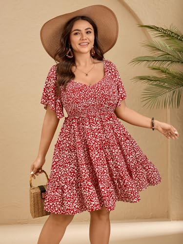 Image of SHESTARR Womens Plus Size Casual Mini Dress Sweetheart Neckline Short Flutter Sleeve Smocked A Line Tiered Ruffle Dresses