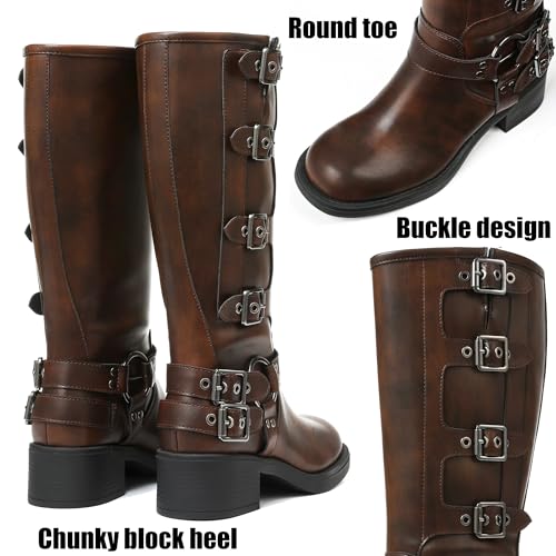 Image of AMINUGAL Knee High Boots Women Square Toe Pull On Wide Calf Riding Fashion Buckles Chunky Metallic Casual Vintage Buckle Rivet