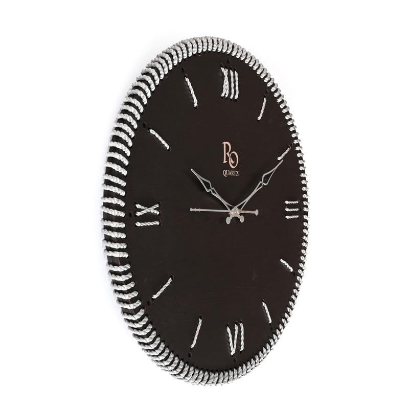 Image of Wooden Round Shape Roman Dial Analog Clock with Silver Hand and Silver Zari Rope Detailing | Stylish Silent Quartz Movement Anti Reflection Wall Clock for Home & Office (Black, 15.5 inch)