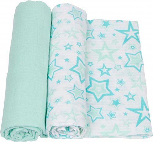 Image of Miracle Blanket Soft Muslin Swaddles Newborn Nursery Sleep Essential - Pack of 2 Warm Wraps (Aqua Stars)