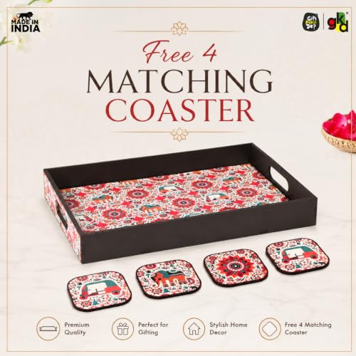 Image of GKD Wooden Serving Tray with Vibrant India Design | Set of 5 (1 Tray + 4 Coasters) | Premium MDF | Rectangular Decorative Tea Coffee Serving Tray | Multicolor Large | Made in India (Vibrant India)