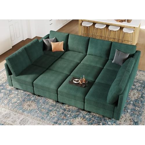 Belffin Oversized 12 Seat Modular Sectional Sleeper Sofa Convertible Sleeper Sectional Sofa with Storage Seat Large Corduroy Modular Couch for Living Room Green 12 seat Sleeper Green