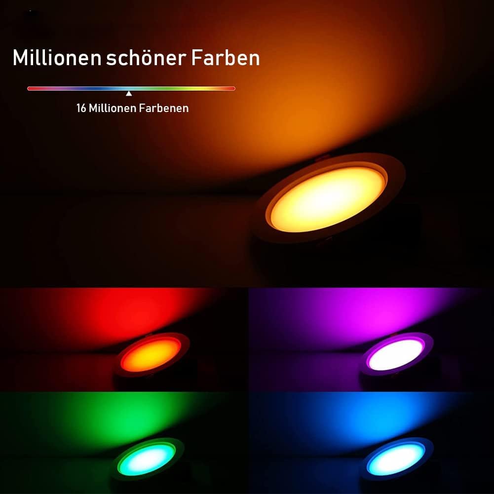 9W RGBWC+CCT LED Einbaustrahler 230V, 10er WiFi Bluetooth LED Einbauleuchten Dimmbar LED Deckenspot Flach Einbauspots Alexa, RGB+2700K-6500K, APP Steuerung, Kompatibel mit Alexa Google Home | Dimmbar LED Deckenspot Flach Einbauspots Alexa, RGB+2700K-6500K