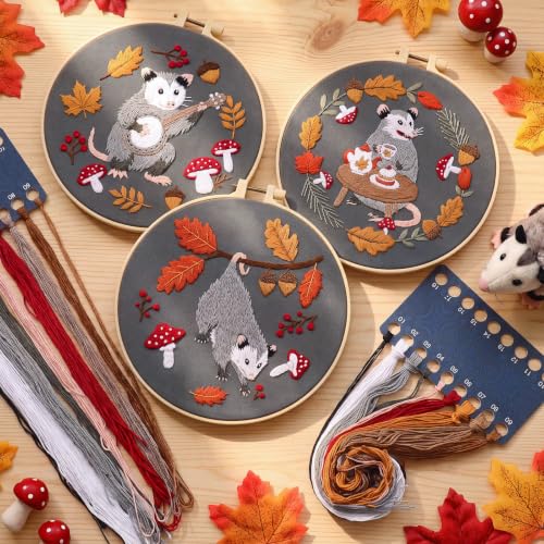 Image of Mindsoft 3 Set Needlepoint Kit for Beginners with Hoop,Autumn Possum | Bamboo Hoop Thread Needles Instructions, Easy Hand Embroidery for Beginners Home Crafts,Pre-stamped Funny Cute Designs