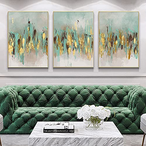 Toile abstraite vert d'eau et doré pour un salon moderne et chaleureux