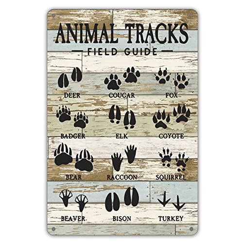 Image of Funny Animal Tracks Field Guide Metal Tin Sign Wall Decor Rustic Retro Educational Poster Nursery Sign for Home Office Nursery Bedroom Decor Gifts
