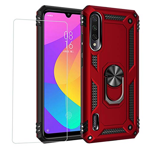 Joytag Compatibile per coverXiaomi Mi A3，Custodia + Vetro temperato Silicone TPU 360 Grado Anello Girevole Magnetico Supporto Cassa del Telefono dell'auto Case-Rosso
