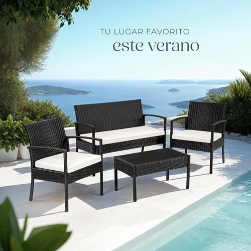 tectake® Conjunto Jardín Exterior de Ratán y Aluminio, Muebles Jardín Exterior Resistentes a Rayos UV, 2 Sillones, 1 Sofá, 1 Mesa Cristal, con Cojines de 5,5 cm y 1 Juego de Fundas - Negro - imagen 8