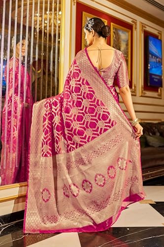 Image of SWORNOF Women's kanjivaram banarasi silk saree Zari Woven for festival Wedding silk with rich pallu Design sarees for women with Unstitched blouse piece