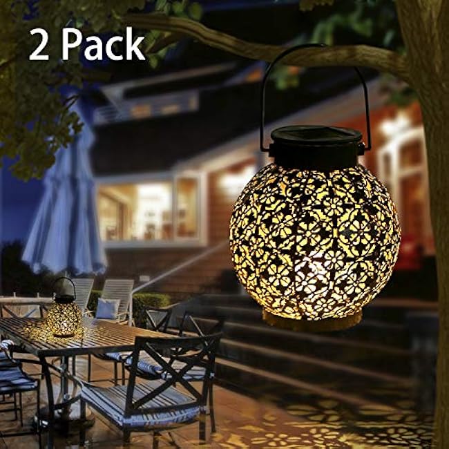 Solar Lanterns Outdoor Hanging Solar Lights Decorative Garden Lights Metal Waterproof Table Lamp for Patio Porch Backyard Pathway (2 Pack)