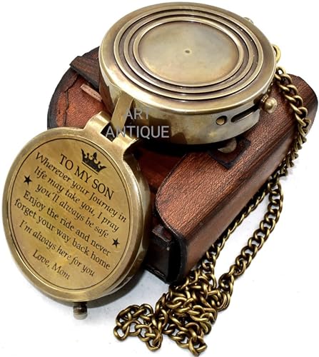 Brújula de latón grabada con estuche de cuero miniatura 4
