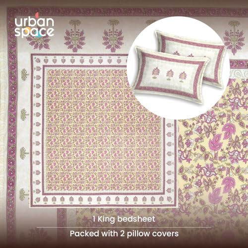 Image of Urban Space 100% Cotton Jaipuri Handblock Printed Double Size Bedsheet with 2 Pillow Covers, 200 TC Cotton Double Bedsheet (90 x 100 Inches, Noor Mahal Yellow)