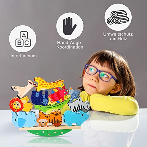 HENGBIRD Montessori Holzspielzeug ab 2 3 4 5 Jahren Stapelspiel Stapelspielzeug Tiere zum Stapeln Bausteine Balancespiel Holz Motorikspielzeug Feinmotorik Lernspielzeug Geschenke für Baby Kleinkinder