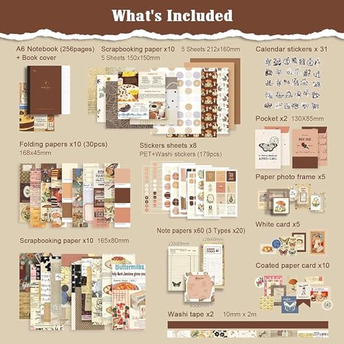 Image of VIBE VISTA Vintage Aesthetic Scrapbook Kit, 346 Pcs, A6 Grid Notebook, Washi, Envelopes, Scrapbook Papers, Folding Labels, Background Papers, Photo Frames, Calendar Stickers, Stickers (Vintage)