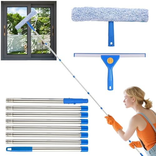 BIZOI 3.2m Window Squeegee Cleaner Tool Kit with Long Handle, 2 in 1 Extendable Window Cleaning Kit with Squeegee and Microfiber Cloth, Window Cleaning Equipment for High Windows Wall Car