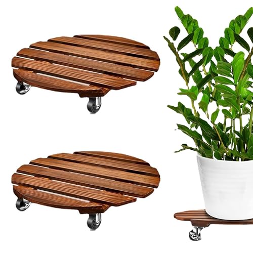 Puedno 2 Stück Pflanzenroller Holz Rund Rollbrett Pflanzen 30cm Heavy Duty Pflanzenuntersetzer mit 4 Rollen Blumentopf Untersetzer für Drinnen Draußen
