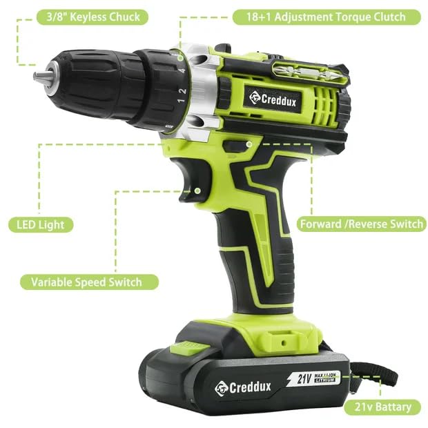 Image of Cordless Drill Set 21v Power Drill Cordless With Battery & Charger, 84pcs Accessories Electric Drills Variable Speed, 3 /8 inch Keyless Chuck (Green)