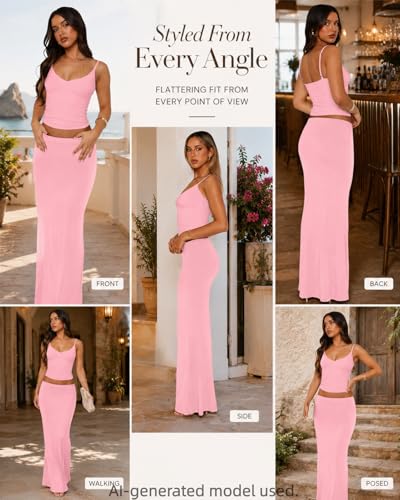 Image of Two Piece Skirt Set for Women - Sexy Sleeveless Spaghetti Strap Pleated Tank Top Maxi Long Skirts Sets