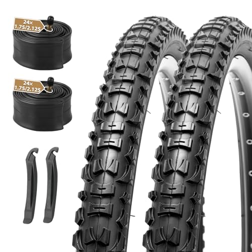 MOHEGIA MTB Tire and Tube Set: 2-Pack 24x1.95 Inch (54-507mm) Folding Mountain Bicycle Tires and Pair Schrader Inner Tubes & Tire Levers for Off-Road Trail Adventures