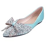 LiupanUp Women's Pointed Rhinestone Flats Casual Comfortable Wedding Dress Shoes Cute Bow Sexy Walking Shoes Blue size8