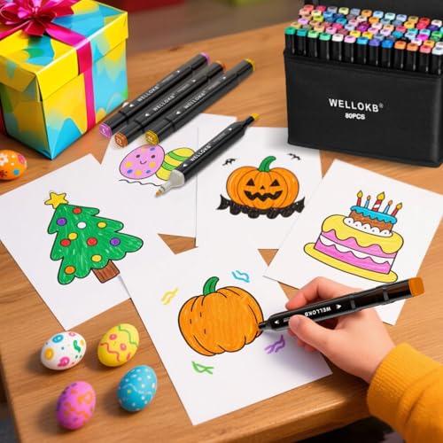 Image of WELLOKB Alcohol Markers, 60 Dual Tip Permanent Art Markers for Coloring, Illustrations, and Sketching, Includes Case for Easy Storage, Alcohol, Based Ink Ideal for Book Painting and Card Making