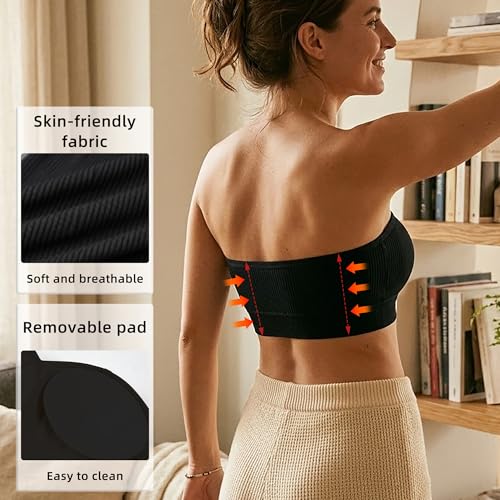 Image of Zimcti Strapless Bras for Women-Non Slip Silicone Grip Bandeau, Wirefree Seamless Tube Top, Removable Pads, Clear Strap
