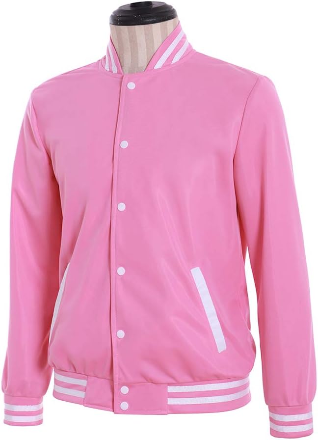 Men's Pink Baseball Jacket Button up Varsity Coat School Uniform Sportswear Casual Top