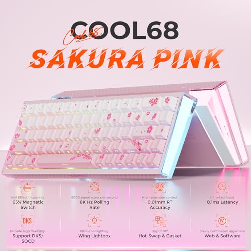 Image of DAREU COOL68 65% Pink Hall Effect Magnetic Switch Gaming Keyboard with 8000Hz Polling Rate,Rapid Trigger,Adjustable Actuation,0.1ms Latency,SOCD,Gasket Mount,PBT keaycaps,Hot swappable,RGB Light