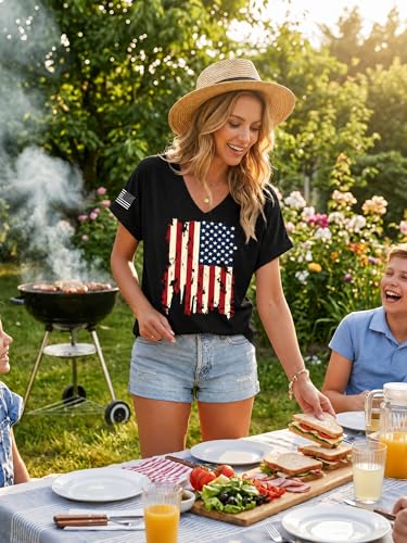 4th of July Shirts for Women: American Flag Tee USA Red White Blue Top Patriotic V-Neck T Shirt