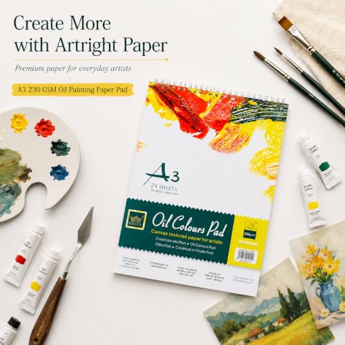 Image of ArtRight A3 Oil Painting Paper Pad - 230 GSM, 100% Cotton, Cold Pressed, 24 Sheets - Ideal for Oil, Acrylic & Mixed Media Art, Textured Acid-Free Art Paper for Artists
