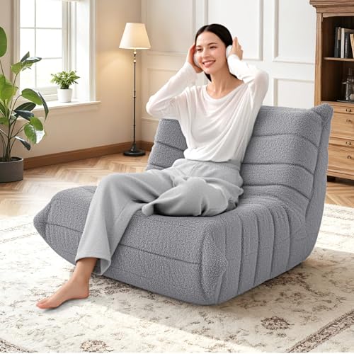 Image of HABUTWAY Bean Bag Chairs Fireside Lazy Floor Sofa,Single,Light Grey | Soft Teddy Fleece Bean Bag Sofa with High-Resilience Foam Filling,Beanbag for Living Room, Bedroom, Office