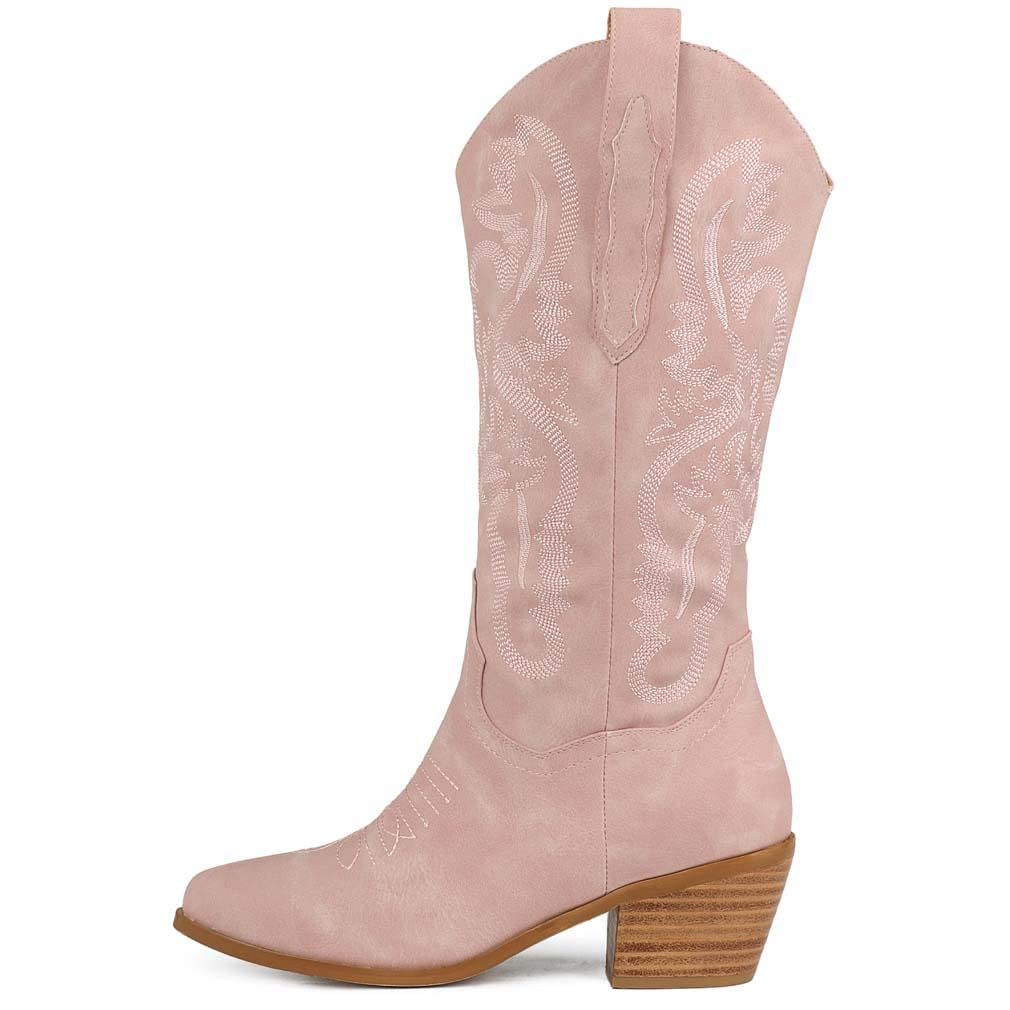 Women Mid Calf Embroidered Cowboy Boots Wide Calf Retro Western Boots Chunky Heel Cowgirl Boots