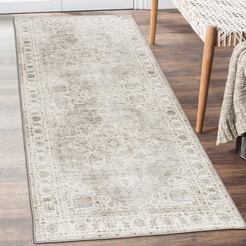 ReaLife Rugs Machine Washable Area Rug Runner - Living Room Bedroom Bathroom Kitchen Entryway Office - Padded Low Pile Stain Resistant Premium - Boho Farmhouse Vintage - Joy - Beige Ivory 2'6' x 8'