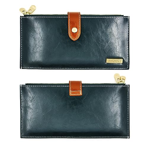 Image of ANDOILT Women's Genuine Leather Wallet RFID Blocking Credit Card Holder Zipper Purse Cell Phone Handbag