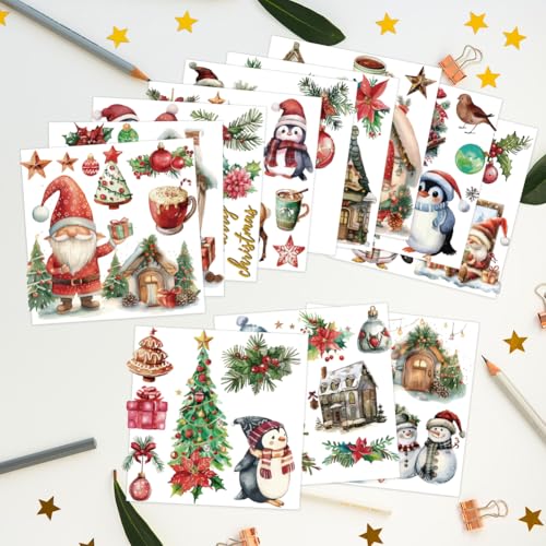 arricraft 12 Sheets Christmas Theme Rub on Transfers for Crafts and Furniture Santa Claus Penguin Elk Snowman Rub on Transfer Stickers PVC Rub on Decal for DIY Home Window Wood Decor 14x14cm - Image 3