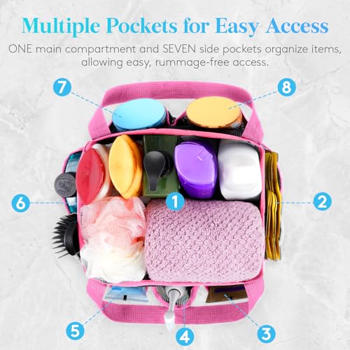 Lifewit-Mesh-Shower-Caddy-Portable-for-College-Dorm-Room-Essentials-with-7-Pockets-Freestanding-Hanging-Organizer-Basket-Quick-Dry-Tote-Bag-for-Camping-Bathroom-Beach-Travel-1-Pack-Pink-2-Handles-Free