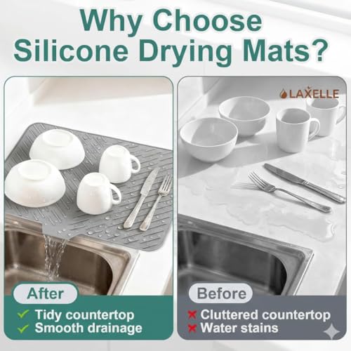 Image of ExtraCharm Large Silicone Dish Drying Mat for Kitchen - Built-in Drain Lip | Hygienic Drying Pad - Sturdy Compact Easy to Clean Tray Protects Surfaces Prevents Water Build Up 23.6 x 17.7 Inches [Gray]