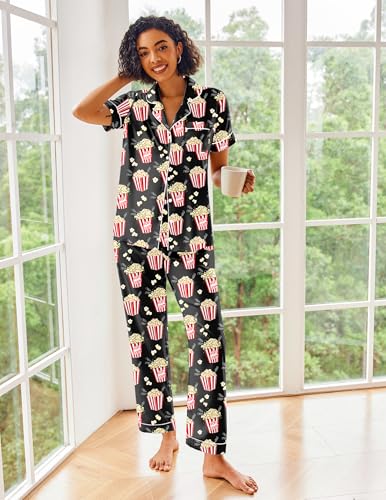 Image of Ekouaer 2 Piece Satin Short Sleeve Pajamas Set Button Down Sleepwear | Soft Pjs Set Classic Loungewear for Wedding, Party, Home, Daily Wear, Date Nights