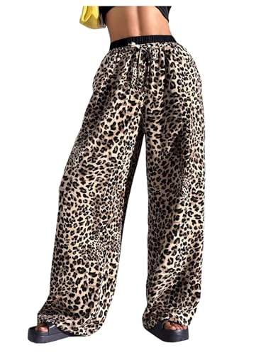 WDIRARA Women's Leopard Print Drawstring Waist Loose Fit Wide Leg Pants with Pockets