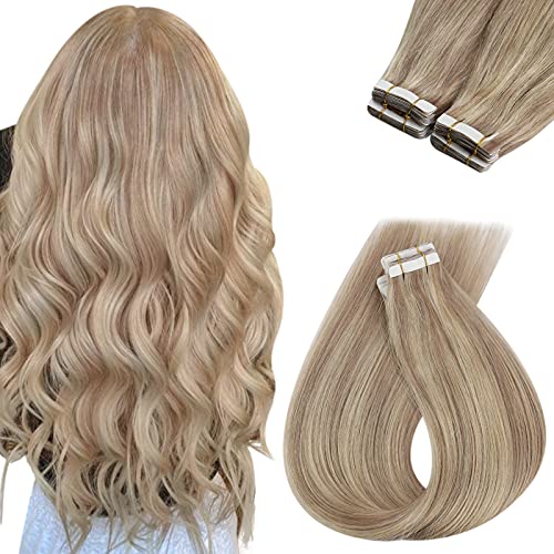 Tape in Hair Extensions Highlight Double Sided Tape in Extensions Human Hair Dip Dyed Ash Blonde Highlights Bleach Blonde 14inch 20pcs/50g