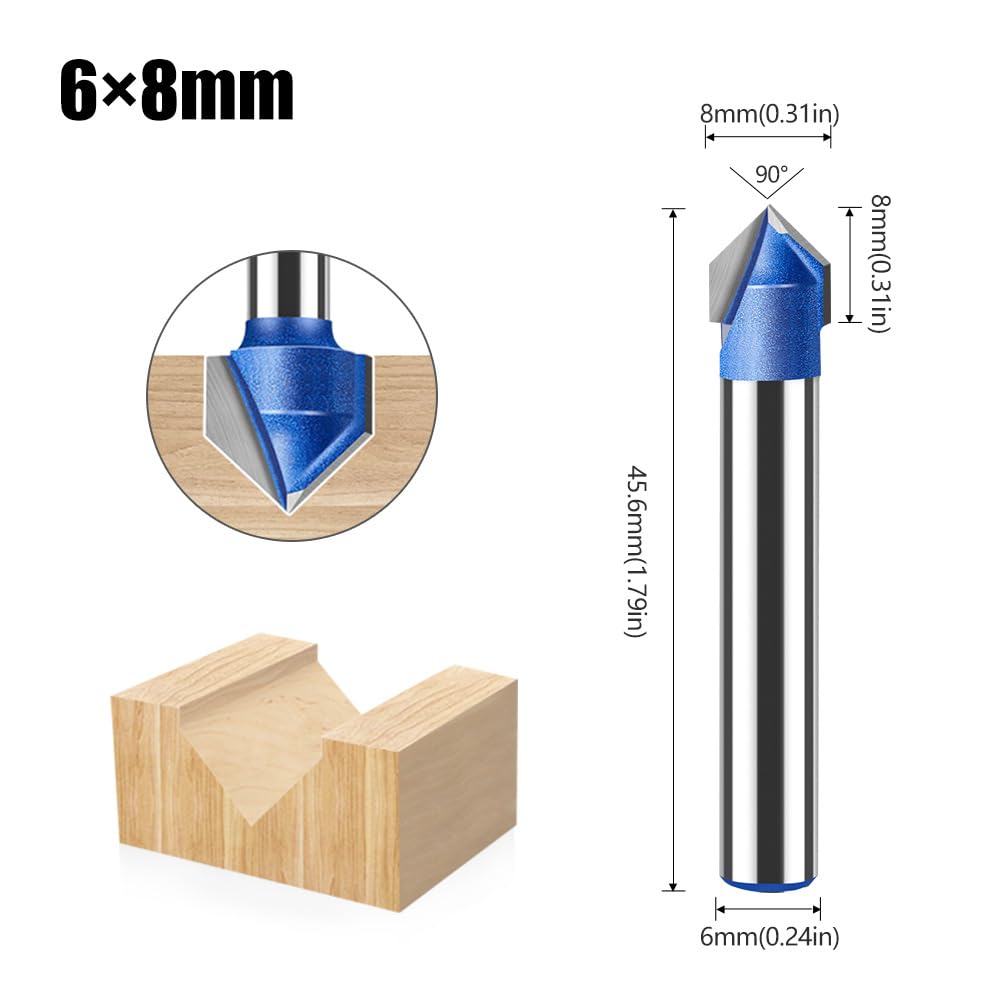 Frez z rowkiem V pod kątem 90 stopni - Frez do grawerowania z chwytem 6 mm i 1/4 cala - Frez trzpieniowy z węglikami spiekanymi do obróbki drewna(6x8mm)