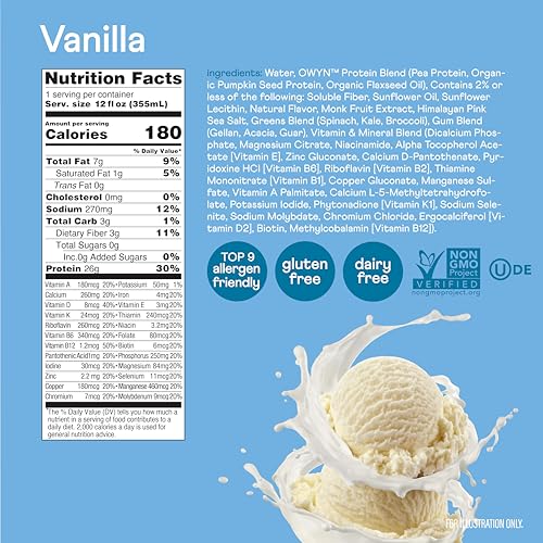 Image of OWYN Only What You Need High Protein Shake, Vanilla Flavored, 26g Protein, 0g Sugar, 3g Fiber, Dairy Free, Plant Based Protein Drink, 12 Count