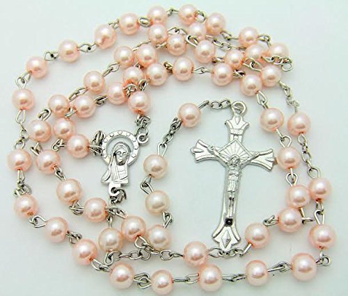 CB Catholic Catholic Rosary, Great for Women or Girls. Miraculous Pink Glass Beads with Metal Crucifix