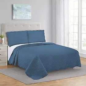 Cobre Leito Colcha Casal Queen Dupla Face com Toque Macio 200 Fios Ultrasonic 03 Peças Bulet (Azul)