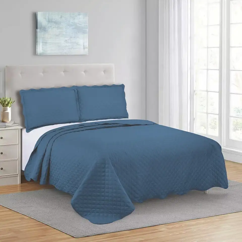 Cobre Leito Colcha Casal Queen Dupla Face com Toque Macio 200 Fios Ultrasonic 03 Peças Bulet (Azul)