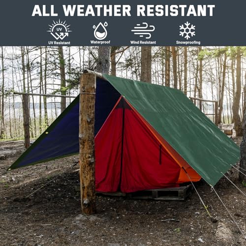 Image of Kesfitt 16 Mil Heavy Duty Waterproof Tarp with Metal Grommets, Dark Green & Blue Reversible Poly Tarp, 20x25 ft, for Outdoor Protection, Yard, Garden, Farm, Camping & Equipment Coverage